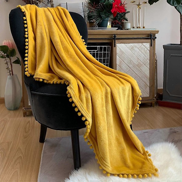 Flannel Tæppe med Pompon Lur Tæppe Komfortabelt Sengetæppe Blødt Kastetæppe til Sofa Seng Egnet til Alle Årstider (Sennepsgul, 150x200cm)