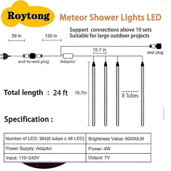 LED Meteorregn Lys 50cm 8 rør 384 LED For Juletre Dekorasjon