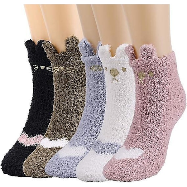 Mysiga Cat Fleece strumpor - 5 par, One Size, Flerfärgad
