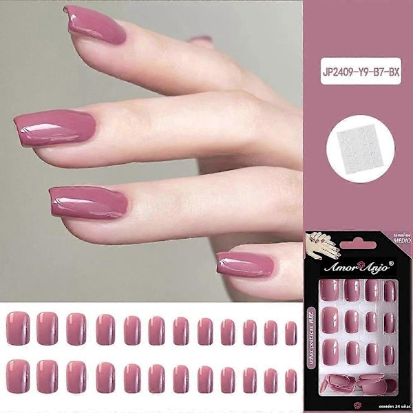 24 stk. lyserøde ensfarvede halvglans runde falske negle kunstige fingernegle genanvendelig manicure