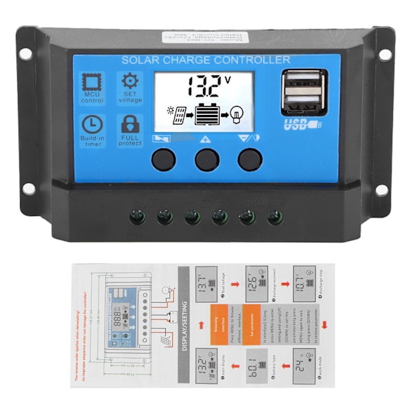 30A LCD solcellsladdningsregulator 12V 24V automatisk identifiering helt 4-stegs PWM-styrning