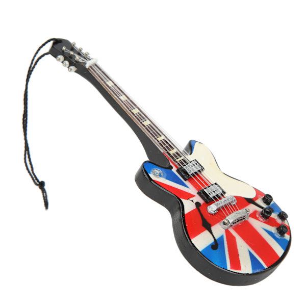 Musikkinstrumentanheng i britisk flagg-stil, gitarform i tre, utsøkt vakker, fin detaljert minianheng