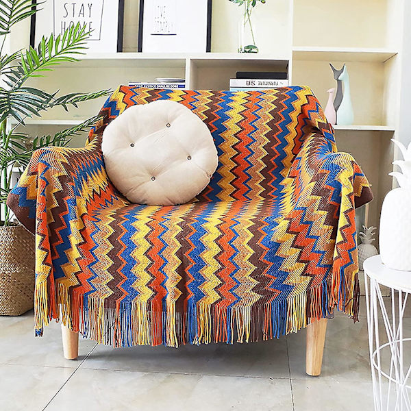 Gul Houndstooth Bohemian Plaid strikket tæppe med kvaster - 130x230 cm
