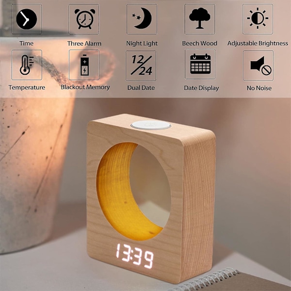 Tyst Digital Väckarklocka i Trä med Ljus, 3 Sänglarmsfunktioner, Nätdriven, Fyra LED-Dämpningsnivåer med Temperatur- och Kalendervisning