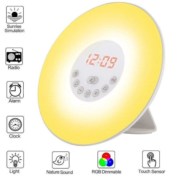 Soluppgång Solnedgång Väckarklocka Ljus med Radio, Touch Control, 6 Naturliga Ljud, 7 Färger