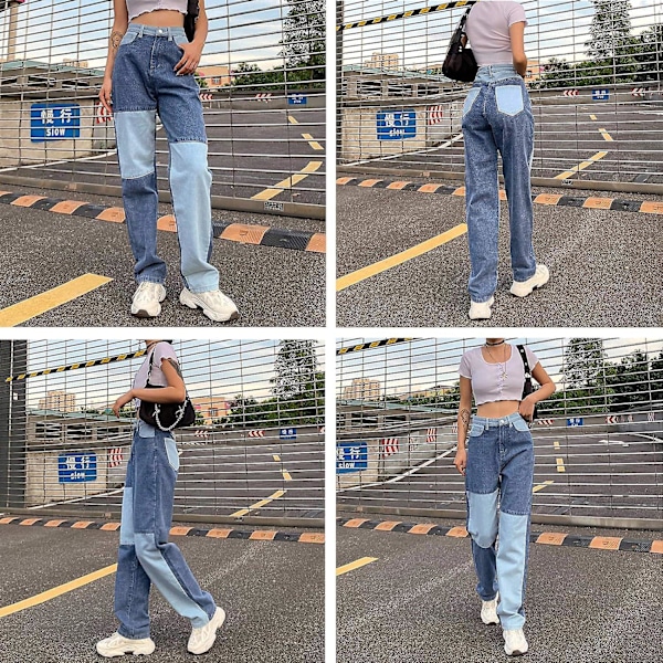 Patchwork Jeans för Dam Hög Midja Raka Stretch Jeans Flickor Mode Färgblock Patchwork Jeans blå xl