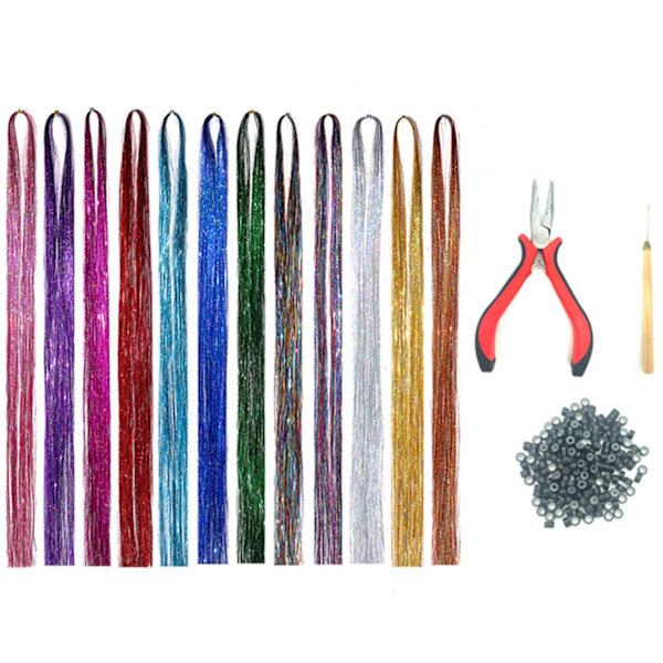 120cm Hårförlängningstrådar Kit 12 Färger 200st Silikonringar Färgade Silke Hårförlängningsset