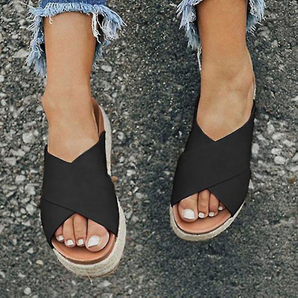 Kraftige sorte platåsåler Espadrilles kilesandaler for kvinner EU 36