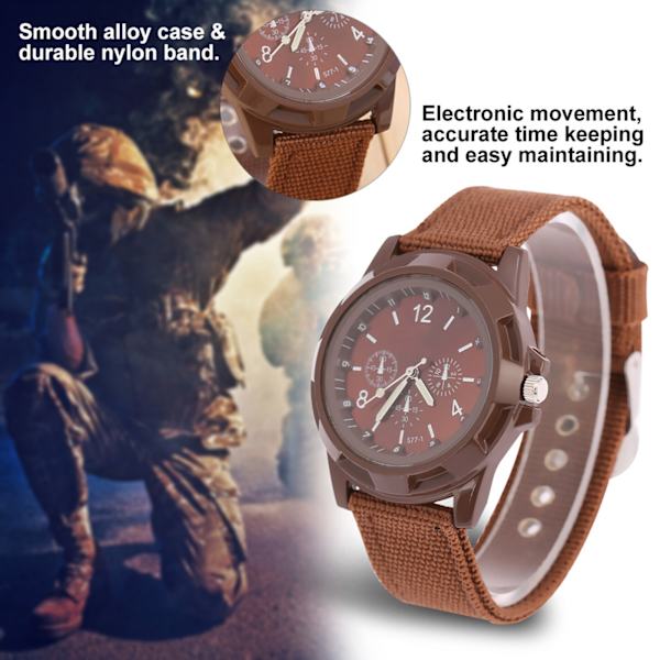 Elektroniskt analogt watch runt militärarmbandsur med nylon (kaffe)