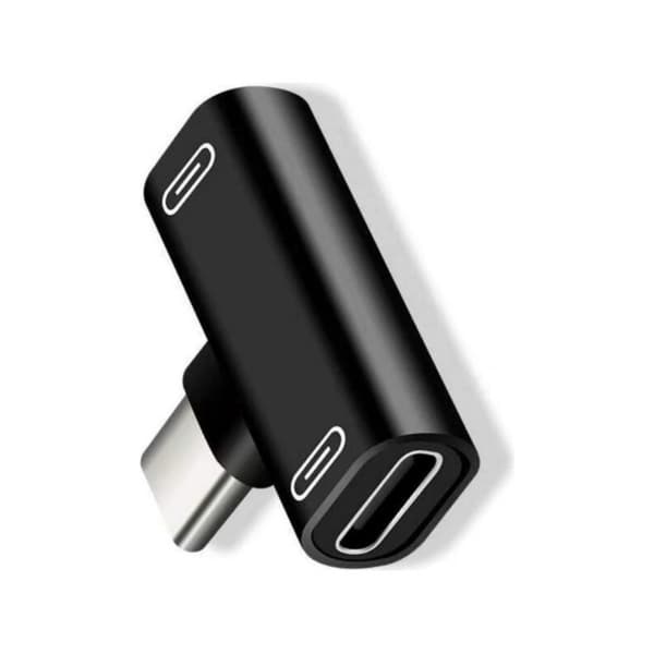 Dobbelt USB-C-adapter til opladning og lytning til musik samtidigt.