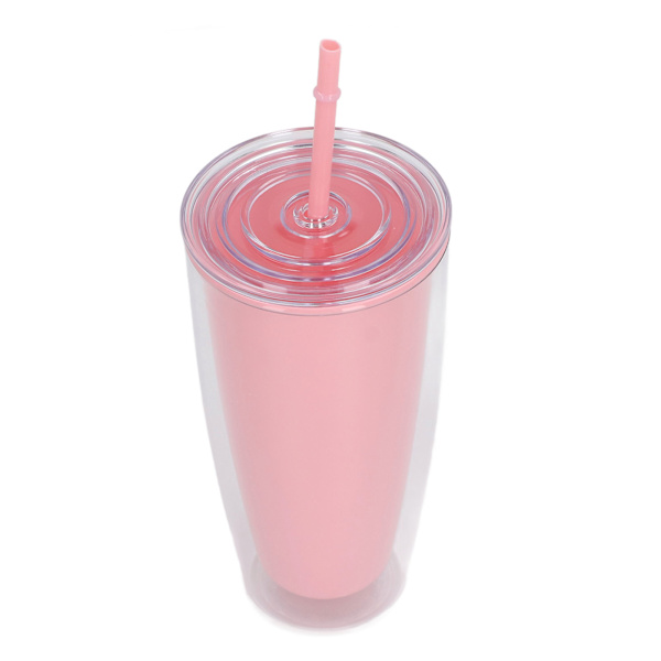 Dubbelväggig mugg med lock och sugrör 750 ml Dubbelväggig mugg med stor kapacitet Vattenflaska med bred öppning Splittersäker Rosa