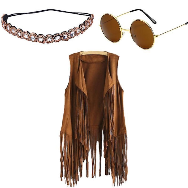 5 st 60-tals 70-tals Hippie Kostym Dam Tillbehör Hippie Fransväst Mocka Solglasögon Halsband Örhänge Hårband，L