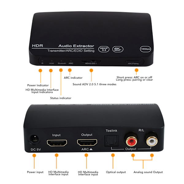HDR HD Multimedia Interface Sound Extractor HD 4K 60Hz RCA HD Multimedia Interface Bluetooth lähetin TV PC:lle