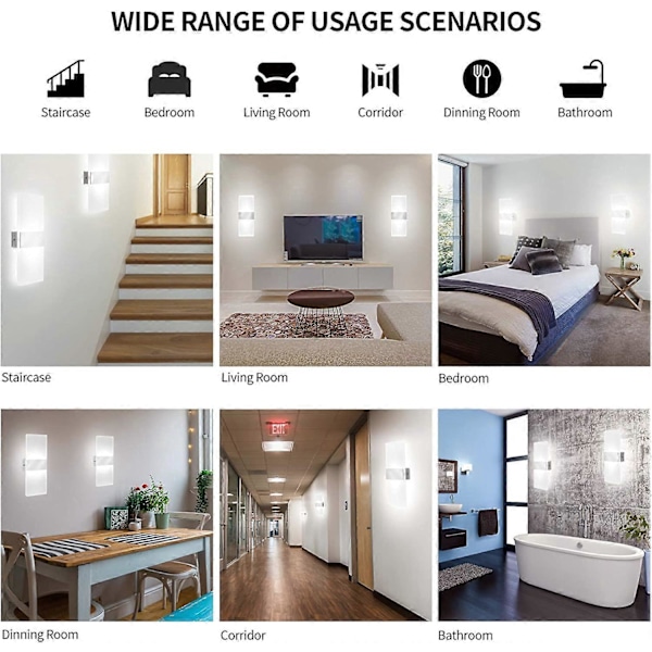 2 stk. LED indendørs væglampe, 12W 6000K kold hvid akryl væglampe, moderne design dekorativ væglampe til stue, soveværelse, gang, badeværelse