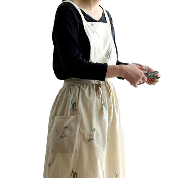 Madlavningsforklæde Blomsterbroderi Vandtæt Slidstærkt Bageforklæde til Kaffebar Hjemme Creme
