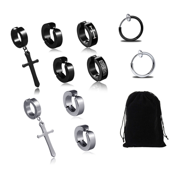 10 stk Cross Ear Clip Titanstål Menn Rock Style Clip On Hoop øredobber Individuelt pakket lett moteriktig øredobber