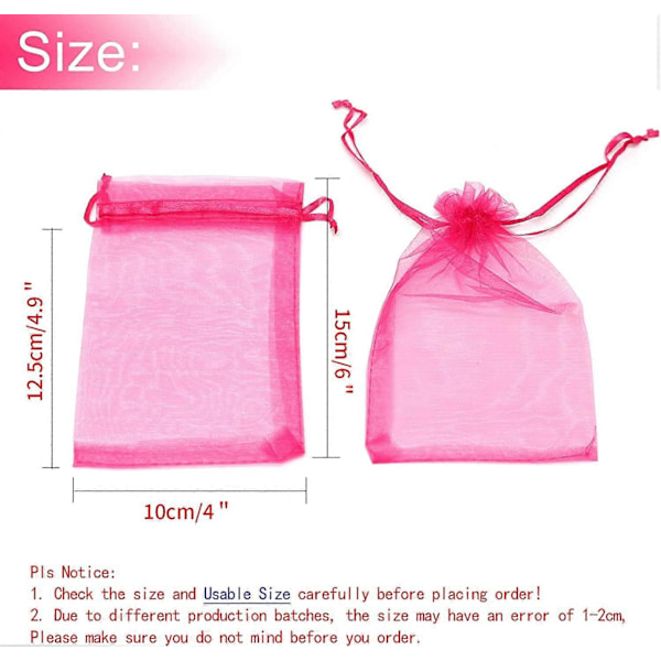 100 stk. Organza Poser 4x6 Tommer, Hot Rose Små Smykkeposer Snøring Mesh Gaveposer Bryllupsfest Favor Julegodteposer