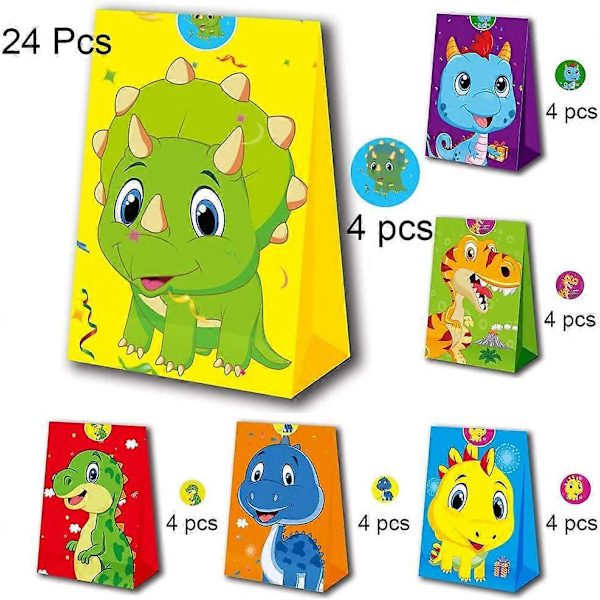 24 kpl Dinosauruksen lahjakassi, Dinosaurusteemaiset juhlakassit, Dinosauruksen paperikassi, Dinosauruksen karkkipussi, sisältää 24 dinosaurustarraa, lasten syntymäpäiväjuhliin
