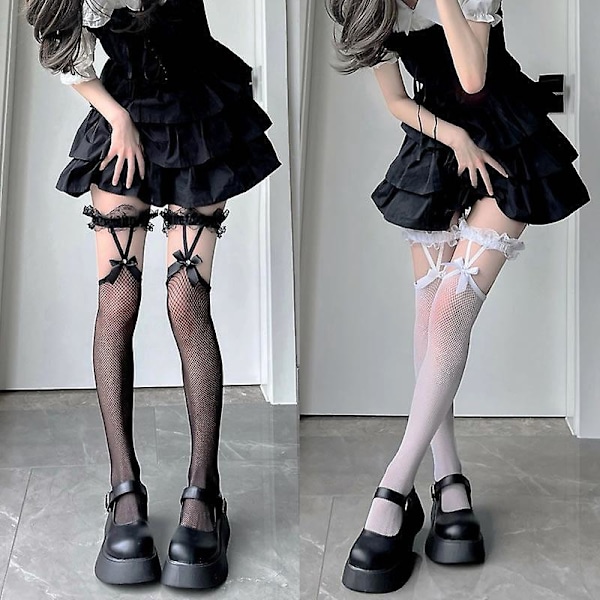 2 Par Lace Fishnet Strumpbyxor med Rosett Hållare för Kvinnor