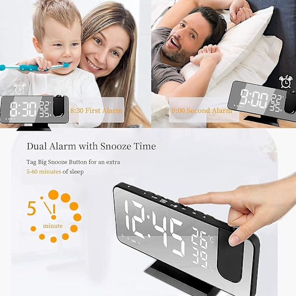 Projektor med radio, digital klocka, USB-radio med dubbla alarm och 7 LED-spegelskärm, Snooze, 4 ljusstyrkenivåer, 12/24h, 15 volymnivåer, för hem, kontor