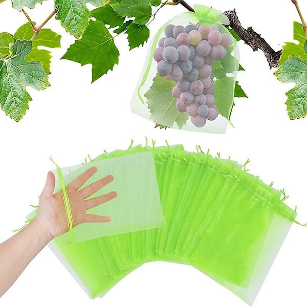Frugtbeskyttelsespose 100 Stykker, Druebeskyttelsespose 20x 30cm Have Organza Pose med Snøre mod Hvepse Drosophila Biller Fugle (Grøn)