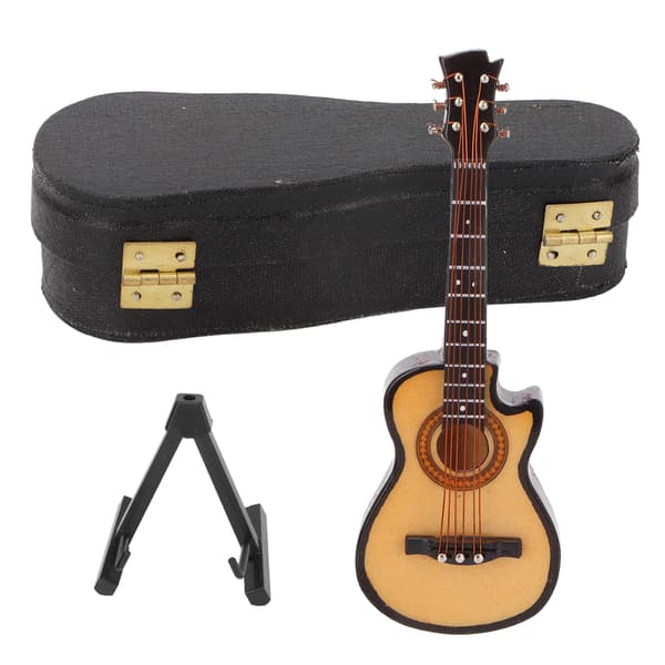 Miniatyr elgitarr modell i lind och metall, mini musikinstrument prydnader 10 cm Cutaway-gitarr