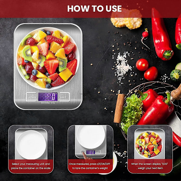 5 kg digital köksvåg med bakgrundsbelyst LCD-display tillverkad av slitstarkt och elegant rostfritt stål som väger mat i gram, pund, milliliter