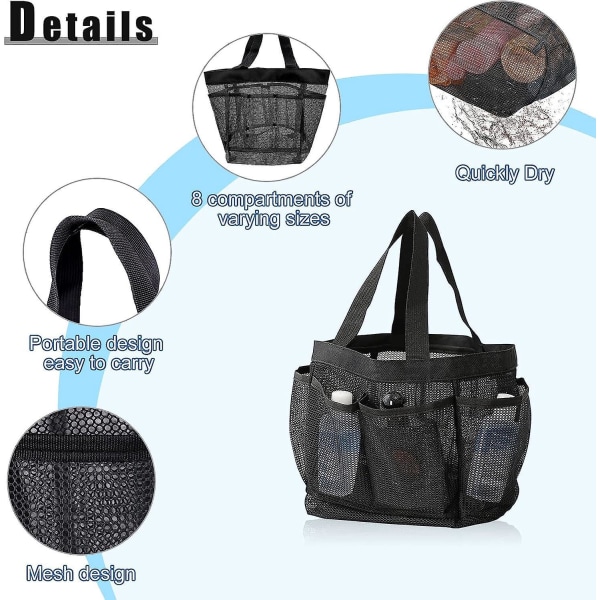 Bærbar mesh-strandtaske med flere rum med foldbar brusetaske og håndtag til camping, hjemmeopbevaring, toiletartikler og tøj (sort)