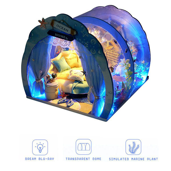 LED DIY Mini Ocean Tunnel Dockhus Kit Miniatyr med Möbler Trä Dockhus Present till Barn Vänner