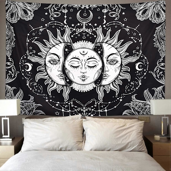 Sol og Måne Gobelin Brændende Sol med Stjerne Gobelin Psykedelisk Gobelin Sort og Hvid Mystisk Gobelin Vægophæng (130 x 150 cm)