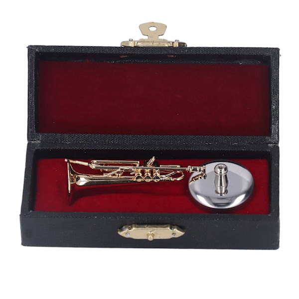 Miniature Trompet i holdbart messing med udsøgt design, romantiske vibes, mini trompetmodel med stativetui til skrivebord, bogreol, 2,56 tommer
