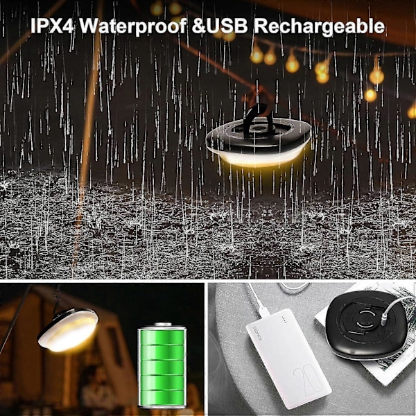 Campinglampe, 2-i-1 USB Fe Lys Camping 10 M, Fe Lys Camping Markise, IP67 Vandtæt Bærbar Campinglampe FarvetLys
