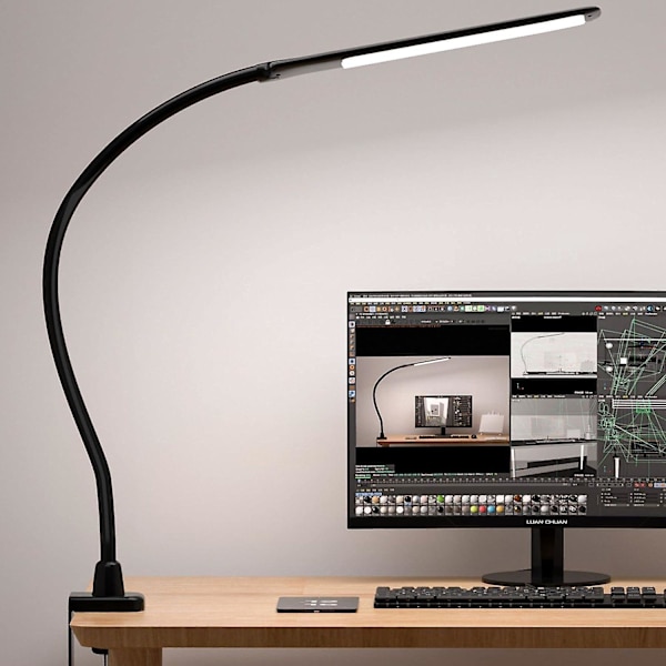 Justerbar Klämma Skrivbordslampa, Dimbar Svanhals Touch Control, Svart