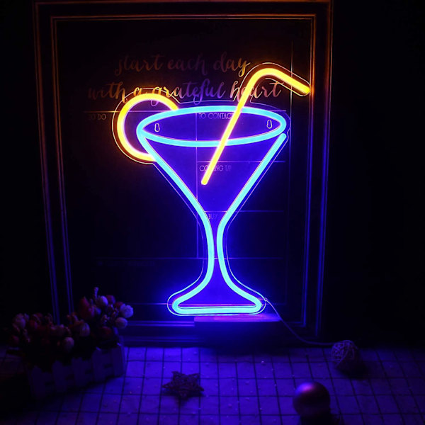 Cocktailglas Neonskilte Led Neonskilt Lys Stort Natlys til Værelsesindretning Lys Bar Pub Strandbutik Spil Kontor Restaurant Skilt USB Drevet (17”x 1