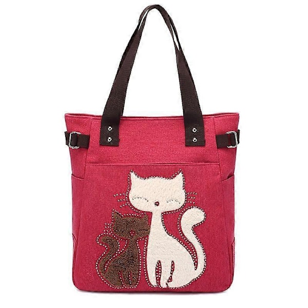 Kat Print Canvas Håndtaske til Piger og Kvinder, Stor Kapacitet Casual Skuldertaske, Bærbar Solid Lynlås Tote Taske rød