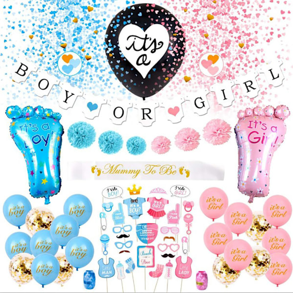 69PCS Baby Gender Reveal Party Supplies Kit Black Balloon Pink Blue Confetti Boy or Girl Banner Party Decorations Photo Props