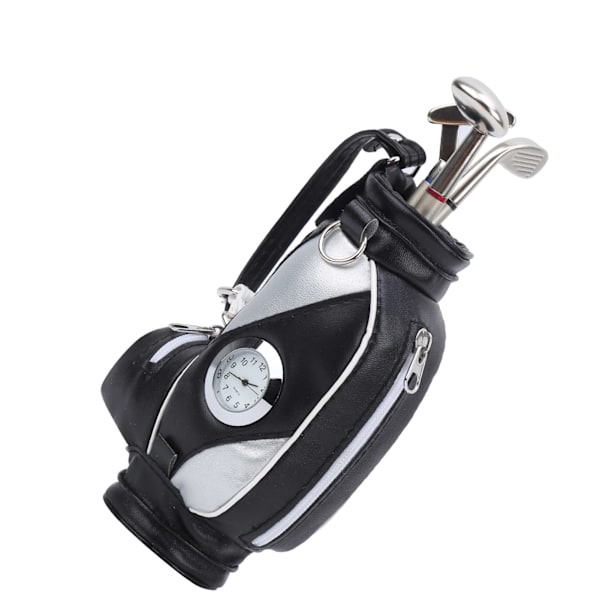 Mini Desktop Golfväska Penna Klocka Zinklegering PU Läder med Golfpennor Souvenir Set GiftSvart Silver