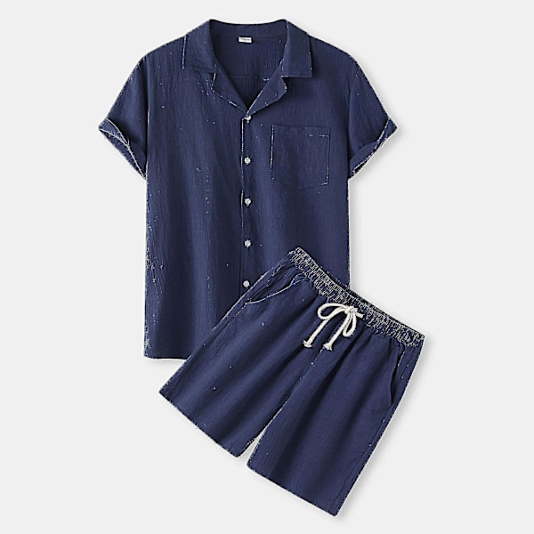 Summer Men's Cotton Linen Outfit: Short Sleeve Shirt + Shorts Set for Beach 2XL Navy Blue