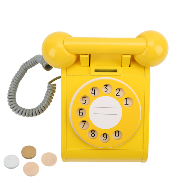 Simuleringstelefon för barn Rosa gammaldags vridbar urtavla telefon Retrodesign Träsimulering Retro urtavla Telefon Gul