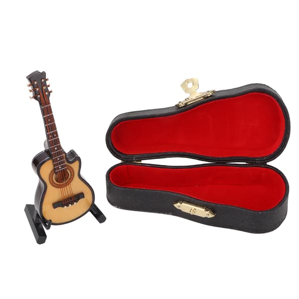 Miniatyr elgitarr modell i lind och metall, mini musikinstrument prydnader 10 cm Cutaway-gitarr
