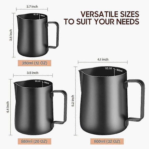 Sort Mælkekande Barista Kaffekande, Metalkande til Mælkeskumning, Rustfri Stål Mælkekande til kaffe - 350 ml (12 oz)_SZXM