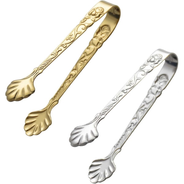 2 pakker Rose Håndtak Sukkerklyper, Vintage Rose Relief Rustfritt Stål Isbitklyper Sukkerklyper Sølv og Gull Små Matklyper for Te og Kaffe Par