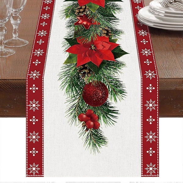 Julebordløper 183 x 33 CM, Røde julebordløpere i lin med røde blomster, juletre og bjelleprint