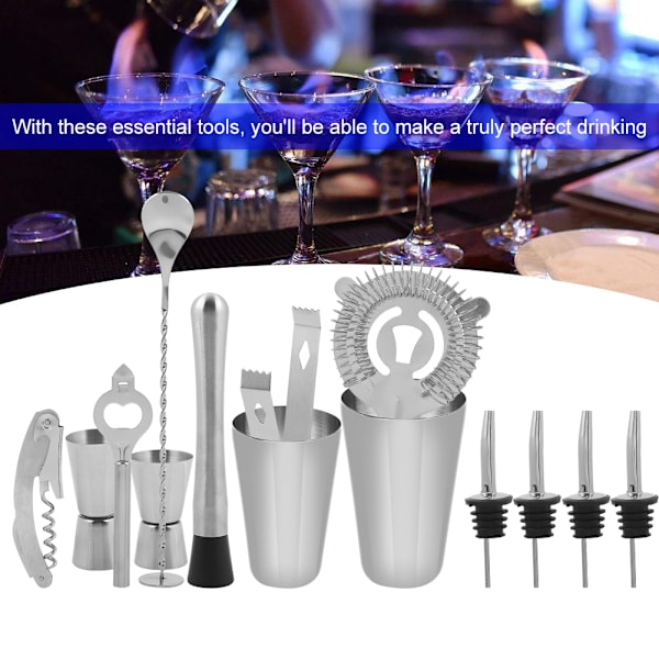 14 stk. rustfrit cocktail shaker mixer drikker drikkeværktøj bar gave (600, 450 ml)