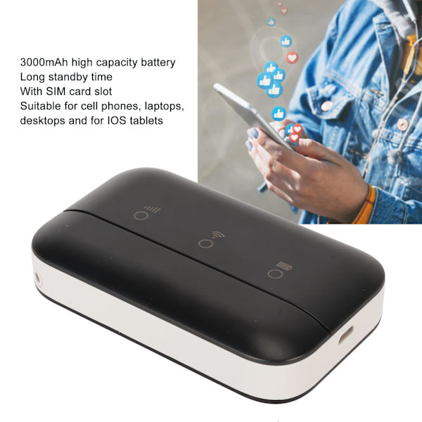 Mobilt WiFi Hotspot med SIM-kortplads Understøttelse 3G 4G 10 Brugere 3000mAh Batteri Bærbar WIFI til mobiltelefon Laptop Sort