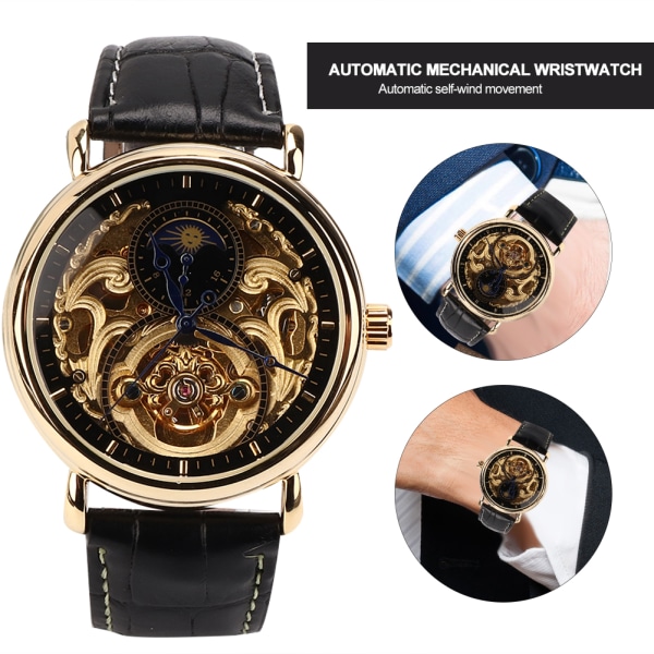 FORSINING Vattentät Automatisk Mekanisk Watch Herr PU Armband Armbandsur Svart Guld