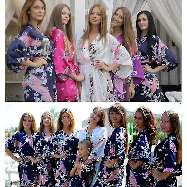 Lyxig sidenkimono i satin - Dam lång badrock för nattkläder och sovkläder L Svart