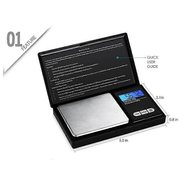 Presisjonsvekt, kjøkkenvekt, smartvekt med 4 enheter, lommevekt med LCD-skjerm, liten vekt for pulver, smykker, gull, edelstener, etc. - 200g x