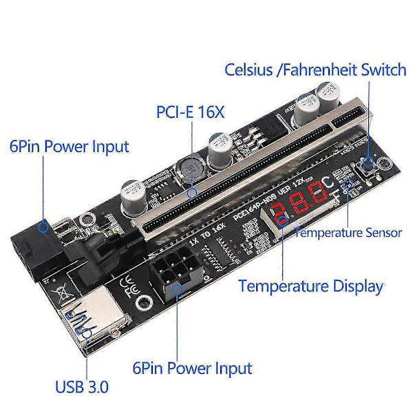 Mining Videokort Riser Drivet Adapter Usb 3.0 Kabel 6-pin Temperaturdisplay