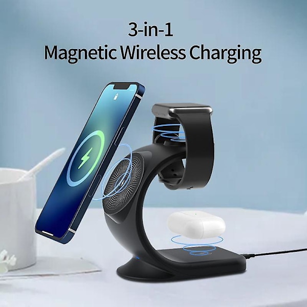 MagSafe Kompatibel Magnetisk Trådløs Lader for iPhone 12/13/14 Pro Max, Airpods, Apple Watch 1-8 (Svart)